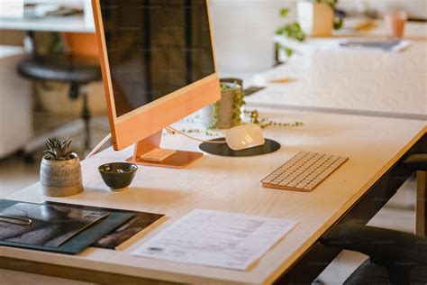 desktop computer sitting  top   wooden desk photo desk