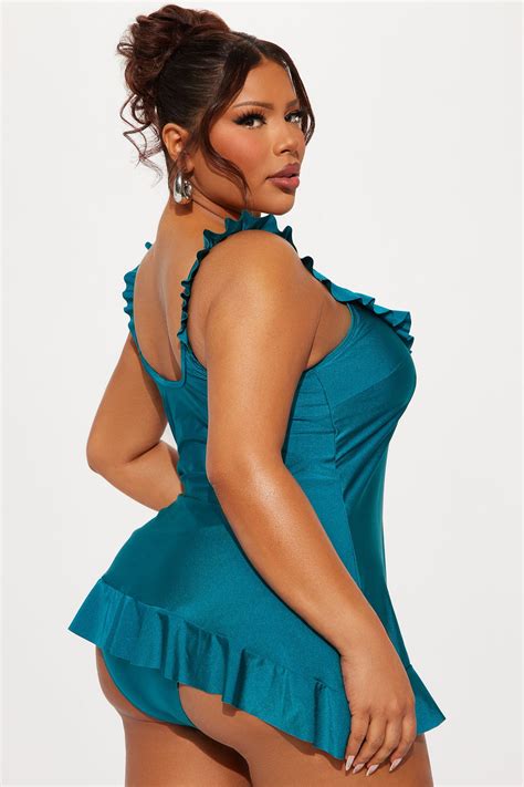 Alison Asymmetrical Ruffle Dress 1 Piece Swimsuit - Teal | Fashion Nova