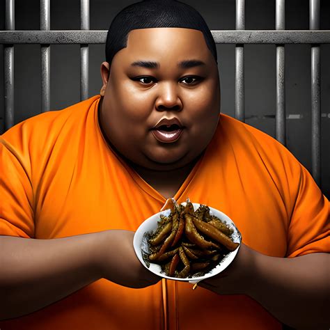fat,black,male,eating fried chinken,behind prison bars, orange j