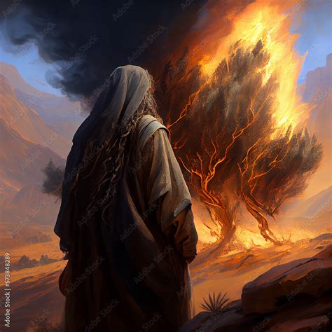 Moses with the burning bush, old Testament and jewish Torah, Book of ...