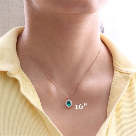 Oval Green Emerald Necklace Rose Gold Halo Diamond Emerald Pendant | La