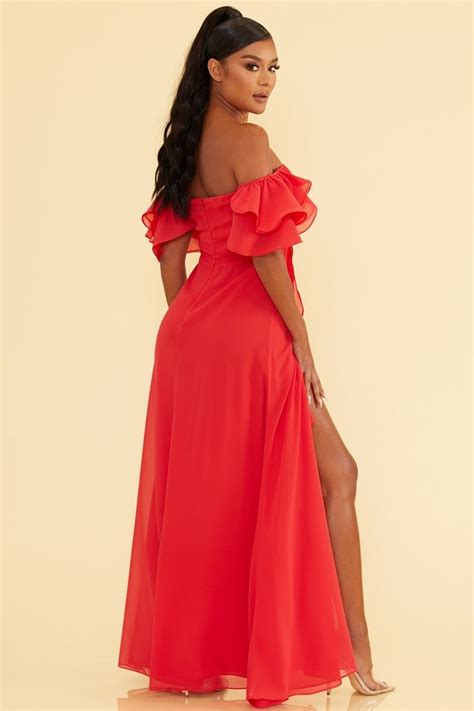 Elegant Off Shoulder Ruffle Red Maxi Dress with Middle Slit – EDITE MODE