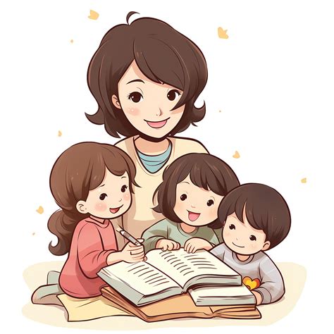 Mom Teaching Her Kids Clipart Bundle, Cute Chibi Mom and Kids Studying