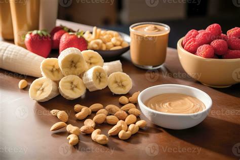 Peanut butter-inspired snack scene. Peanut butter and banana slices