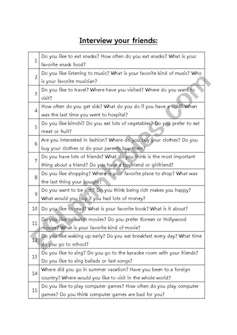 Students Interview Each Other Worksheet