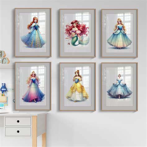Set of 6 Digital Princess Inspired Nursery Wall Art, Set of 6 Prints