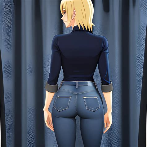Cartoon, Anime ,blonde girl, back view, tight dark blue jeans, bathroom