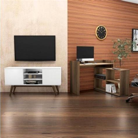 Rack E Escrivaninha - Conjunto para Sala de Estar Rack e Escrivaninha Multiuso 4 Nichos Camel ...