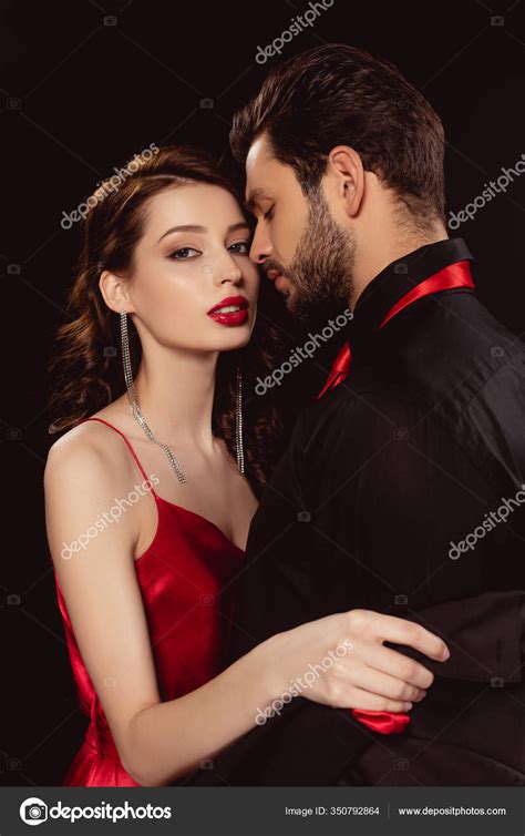 side view elegant girl red lips  jacket boyfriend  stock