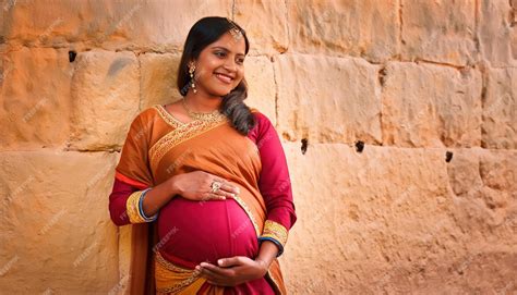 premium photo pregnant indian woman standing  wall celebrating