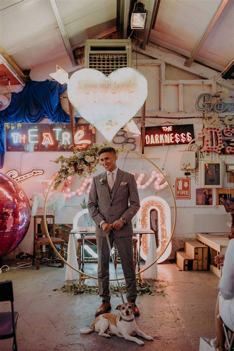 Gods Own Junkyard Wedding With Neon Signs & Lace Wedding Dress