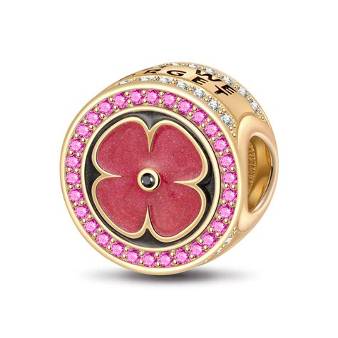 STERLING SILVER RED PLUM BLOSSOM CHARMS WITH ENAMEL IN 14K GOLD PLATED