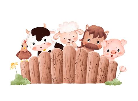 Premium Vector | Watercolor illustration set of cute farm animals and fence