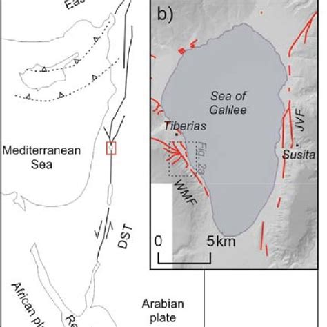 a) General tectonic setting of the Dead Sea Transform (DST), modified ...