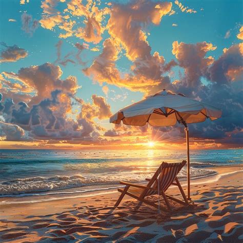 premium photo  beach   umbrella   sunset   background