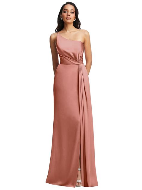 One-Shoulder Draped Skirt Satin Trumpet Gown | Dessy bridesmaid dresses