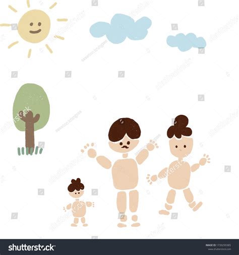 Kid Drawing Style Naked Family Cartoon Stock Illustration 1739290385