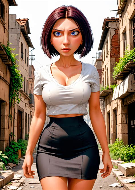 Colette Tatou in t-shirt and skirt overgrown town by CathryneDelamort