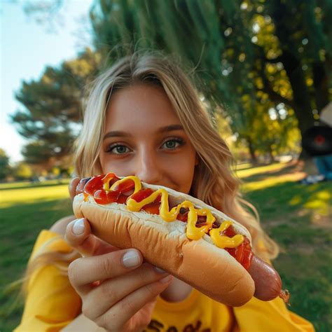 premium photo young woman eating hot dog   park outdoor