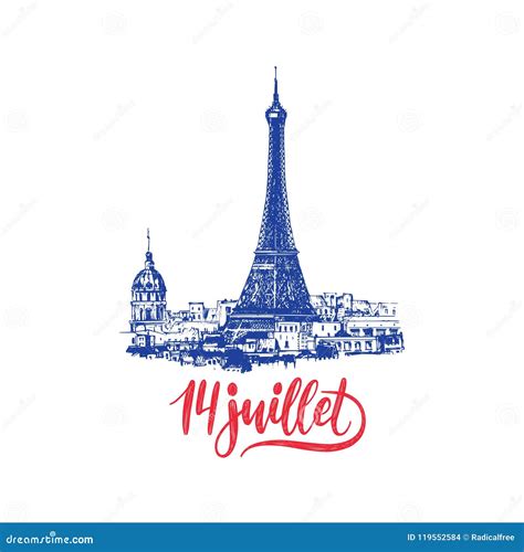 Joyeux 14 Juillet, Hand Lettering. Phrase Translated from French Happy