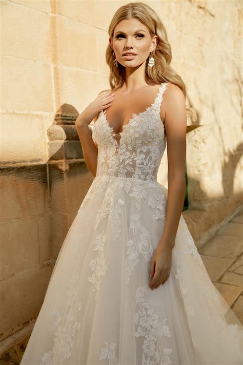 44492: Tulle A-Line Gown with Sequin Lace Appliqués on Bodice and Skirt