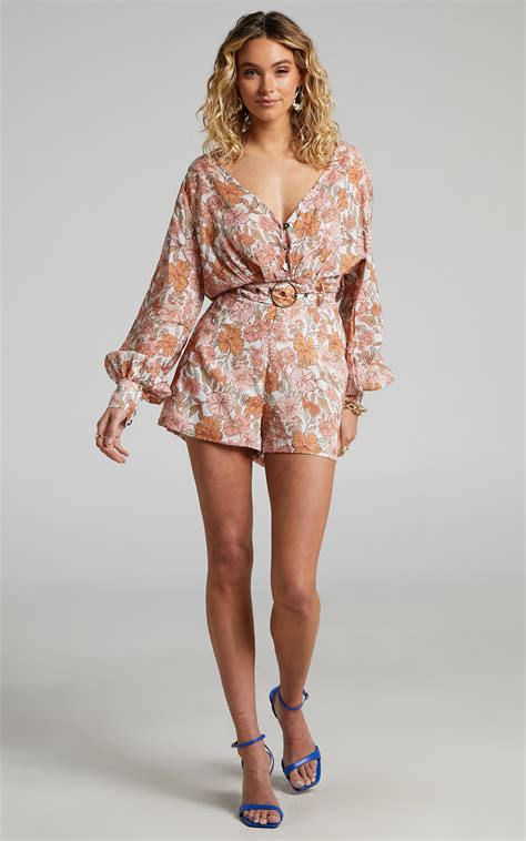 Amalie The Label - Lorete Linen Look Belted Long Sleeve Playsuit in