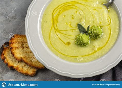 Creamy Romanesco Broccoli Soup and Toasted Bread. Vegan Food Stock ...