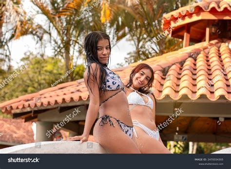 Lifestyle Two Latin Women Bikinis Enjoying Stock Photo 2470554305