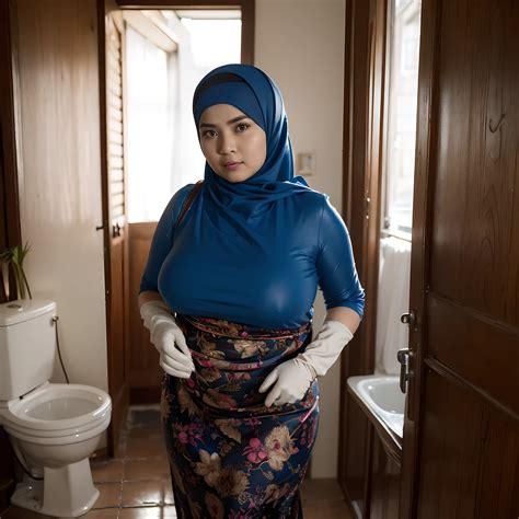 There is a woman standing in a bathroom with a blue top - SeaArt AI