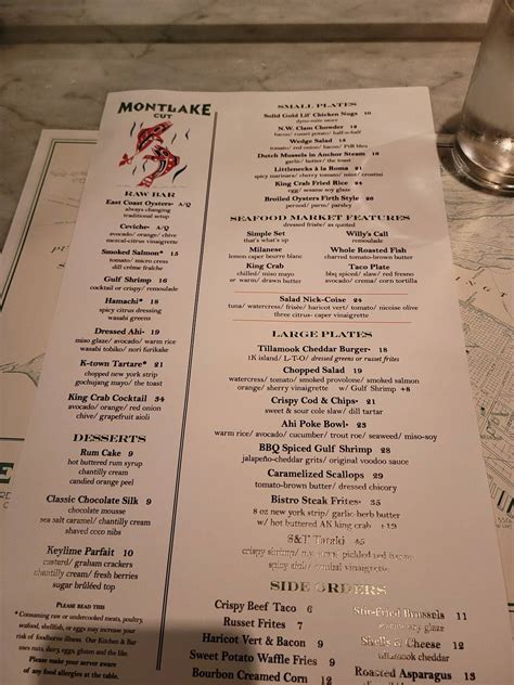Menu at Montlake Cut restaurant, Dallas