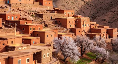 traditional village buildings  mountainous landscape  stock