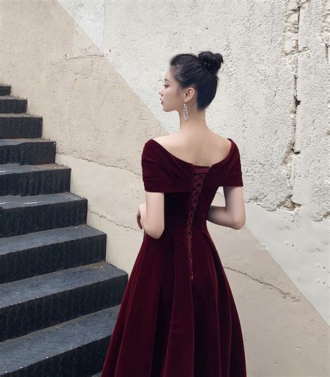 Burgundy Velvet Long Prom Dress, Beautiful V-Neck Off Shoulder Evening