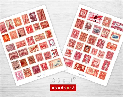 Digital Postage Stamps, Antique Red Postage Stamps, Printable Old