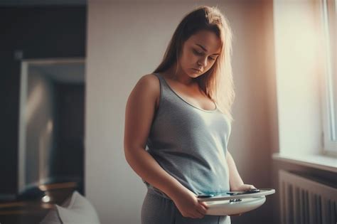 Premium AI Image | A woman checks her weight on a scale she tries to ...
