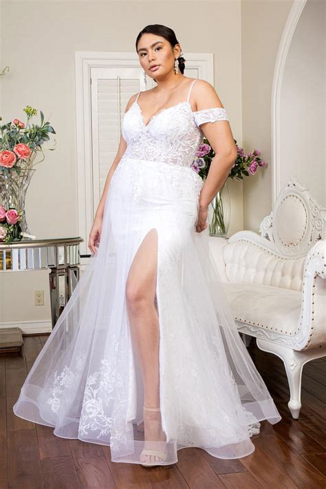 White Long Embroidered Off Shoulder Lace Wedding Gown for $365.99 – The