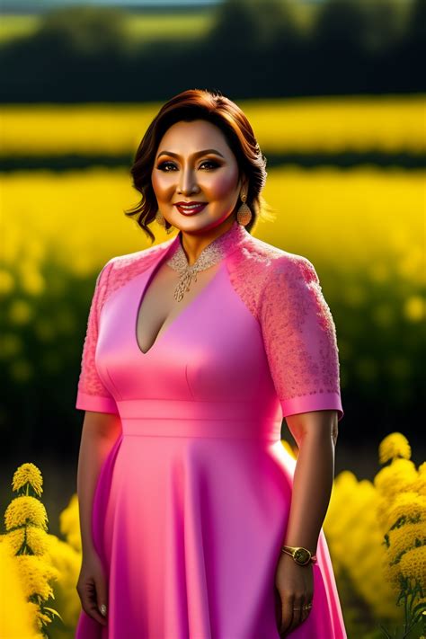 Lexica - Sharon Cuneta in a pink dress walking, rapeseed farm in the