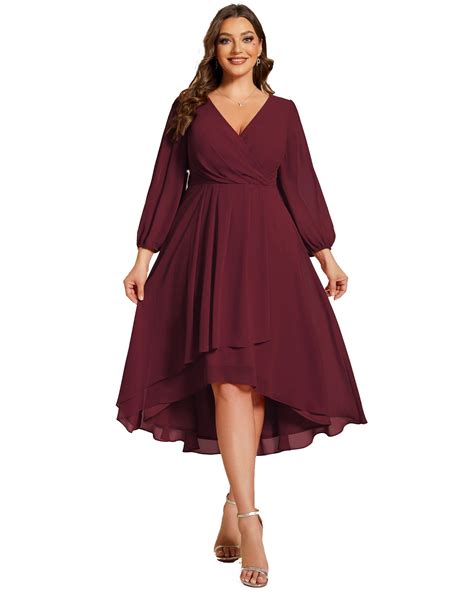 Long Sleeves Asymmetrical Hem A-Line Midi Wedding Guest Dress | Dia & Co