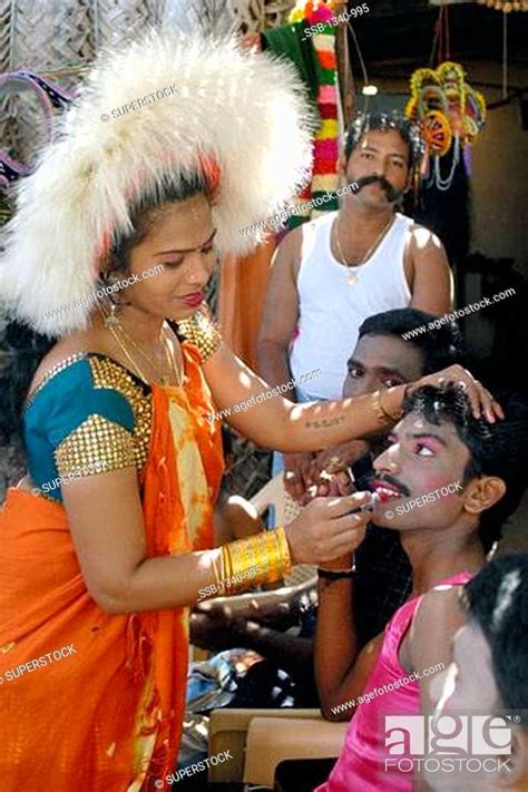 Karagattam dancers preparing for a performance, Tamil Nadu, India ...