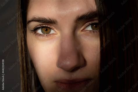 Portrait of pretty woman dark hair, brown hazel eyes. Stock Photo ...