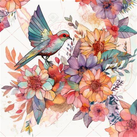 Premium AI Image | A watercolor painting of a bird and flowers.