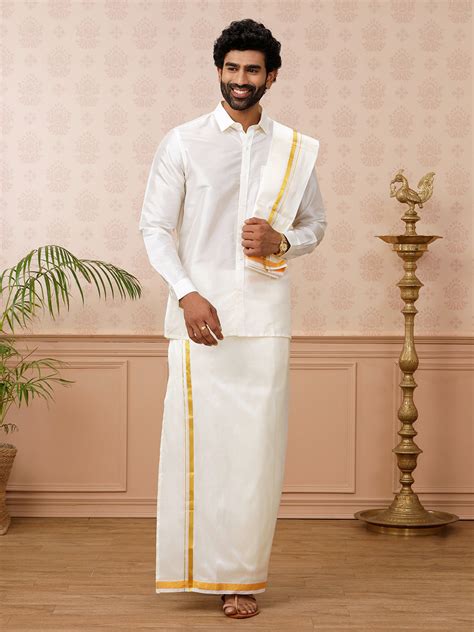 pure silk cream shirt    jari border dhoti towel set