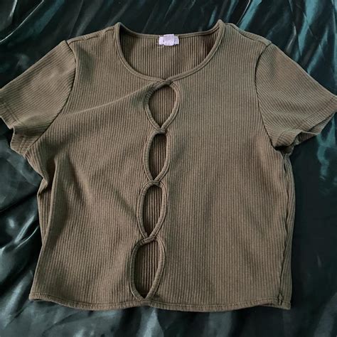 olive colored shirt  open hole cutouts  front depop