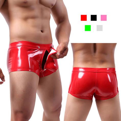 Sexy Gay Underwear for Men Faux Leather Wet Look Open Crotch Pouch