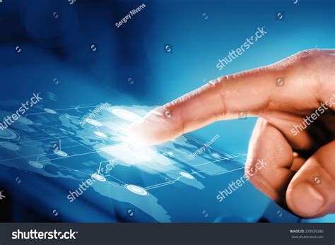 close human hand touching screen tablet stock photo edit
