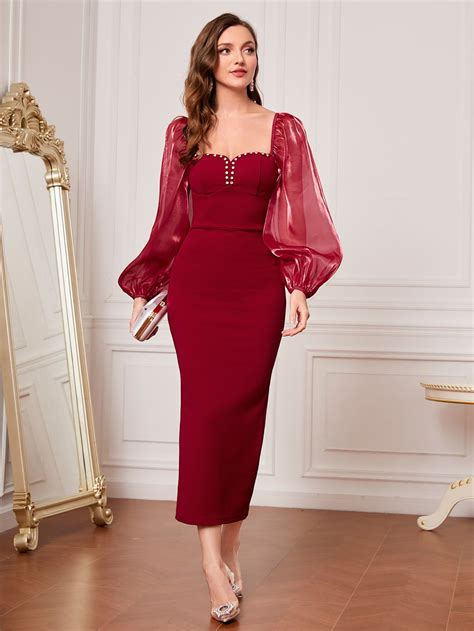 Sweetheart Neck Bishop Sleeve Split Hem Dress | Red dress classy