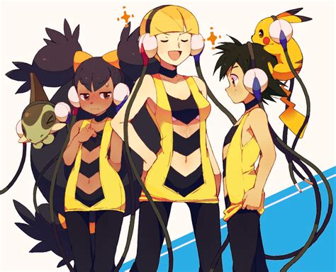 pikachu, ash ketchum, elesa, iris, cilan, and 1 more (pokemon and 2