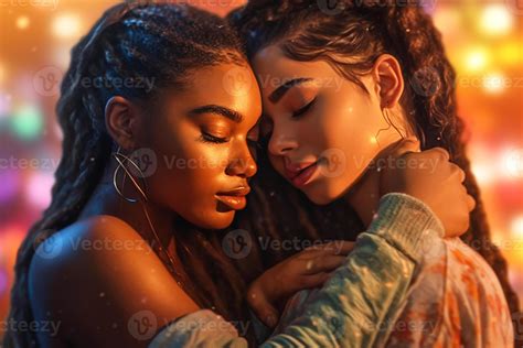 Two young, dark, sexy, attractive girls gently hugging and kissing each