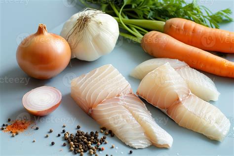AI generated A selection of raw ingredients for making gefilte fish ...
