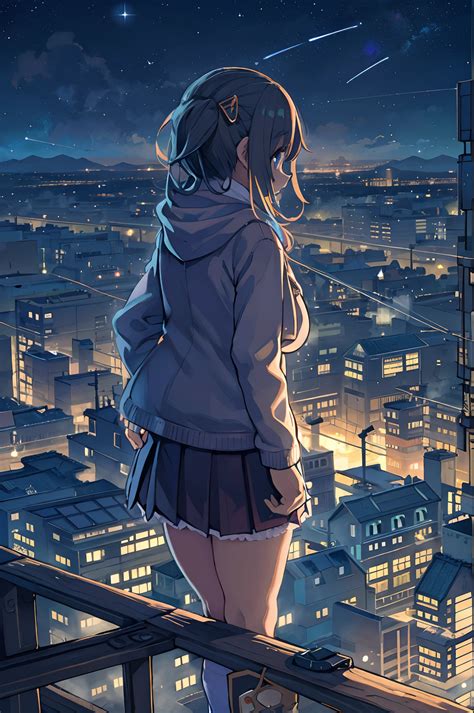 A woman standing on a ledge looking at the city at night - SeaArt AI
