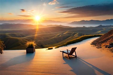 Premium AI Image | A sunset over a landscape with a bench and a view of ...